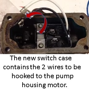 Atach the two wires found in the new switch cap to the pump body also known as the motor.